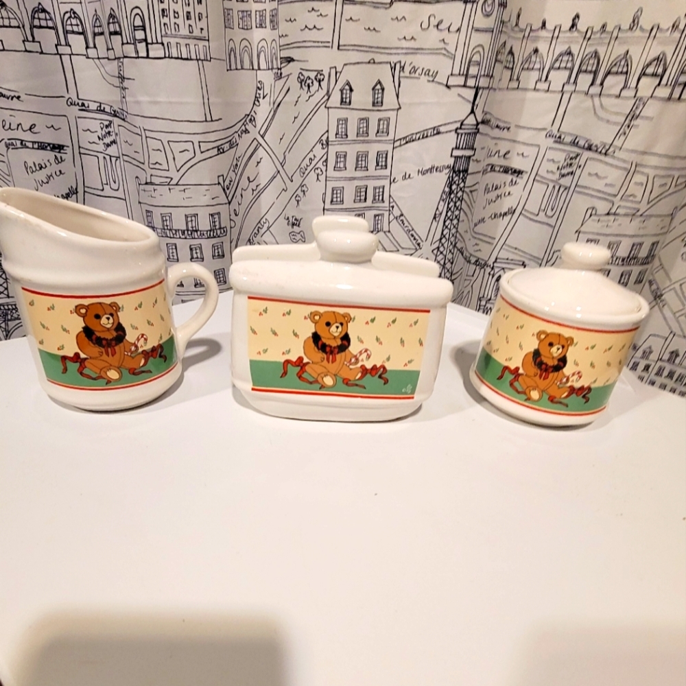 Vintage Holiday Bear Kitchen Set- Napkin Holder, Creamer, and Sugar Container